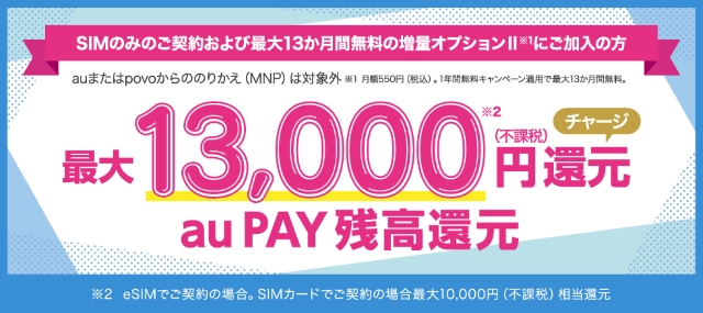 UQモバイルの13000円還元キャンペーンのバナー