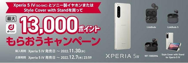 Xperia 5 IV SO-54Cとソニー製イヤホンまたはStyle Cover with Standを買ってdポイント最大13,000ポイントをもらおうキャンペーン