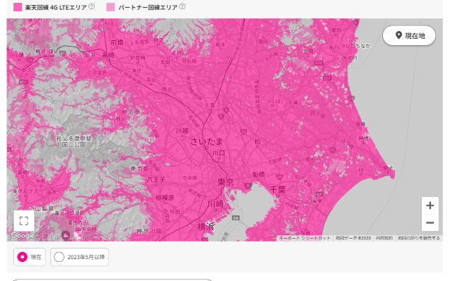 関東都市部の楽天モバイルエリアマップ