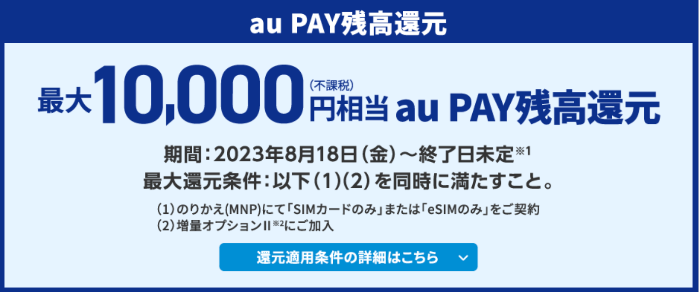 【新規・乗り換え】SIMのみ契約＆増量オプションⅡ加入で最大10,000円分のau Pay還元