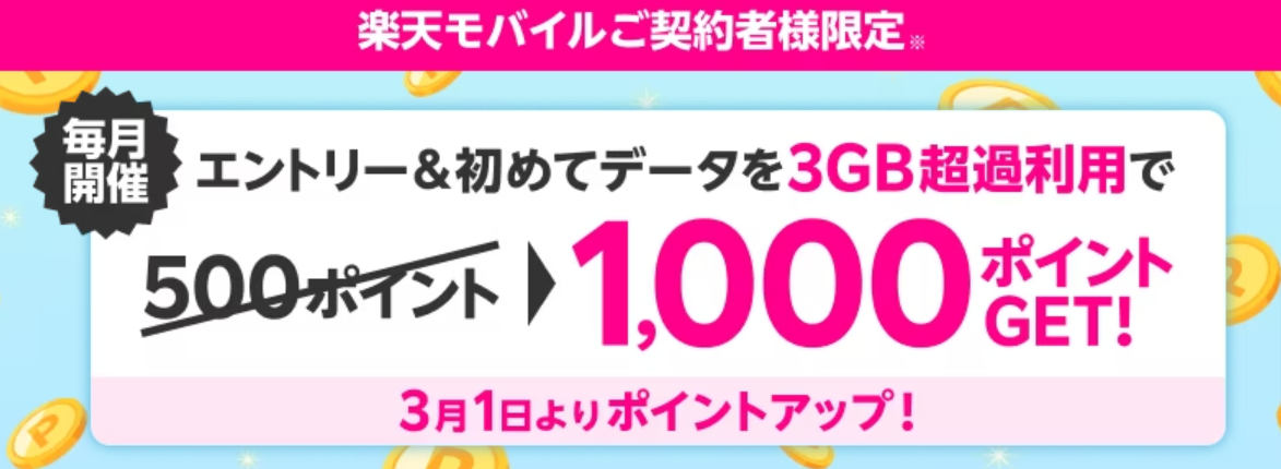 エントリー＆初めてデータ利用を3GB超過利用で500ポイント
