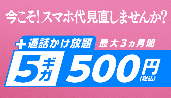 サマーキャンペーン 最大3ヵ月間 5ギガ500円で使える！