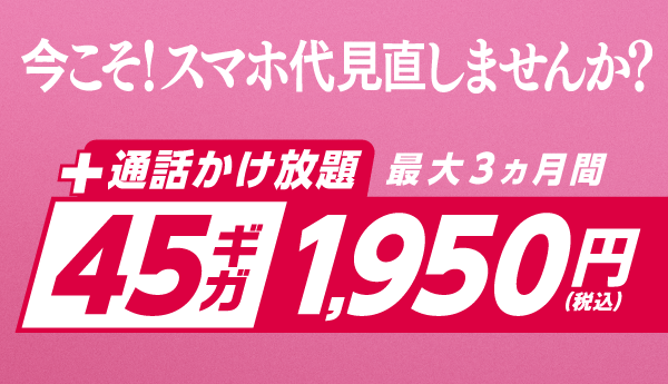 サマーキャンペーン 最大3ヵ月間 45ギガ 1,950円で使える！