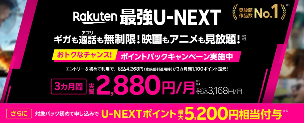 楽天モバイルRakuten最強U-NEXT最大3カ月毎月1,100ポイントプレゼント
