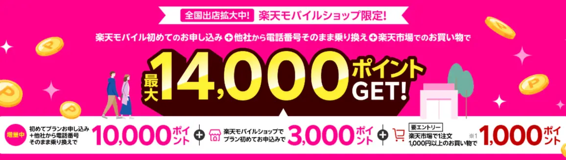 【楽天モバイルショップ限定】楽天モバイル初めてお申し込み+他社から電話番号そのまま乗り換え+楽天市場でお買い物で最大14,000ポイント