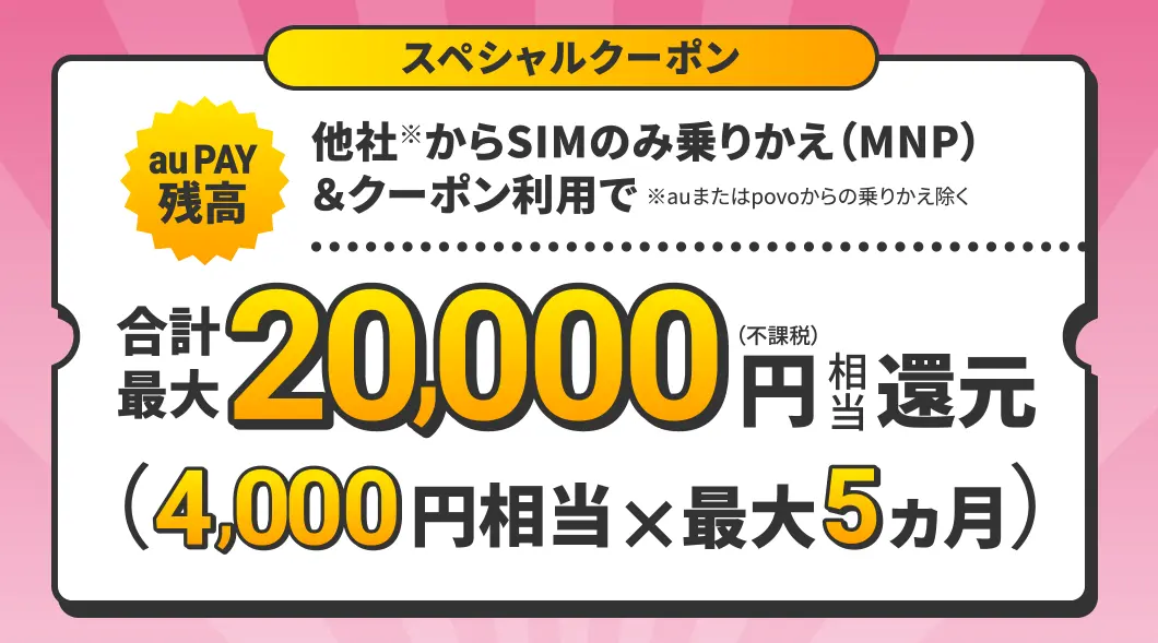UQモバイル他社からのSIMのみ乗り換えで最大20,00円相当還元